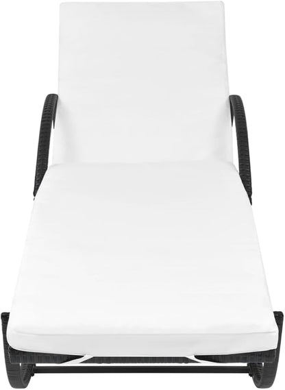 Outdoor Chaise Lounge Chair 25.2 x 76 in Black & Cream White UV Resistant Poly Rattan & Powder Coated Steel Adjustable Recliner for Patio Balcony Garden Poolside Lounging