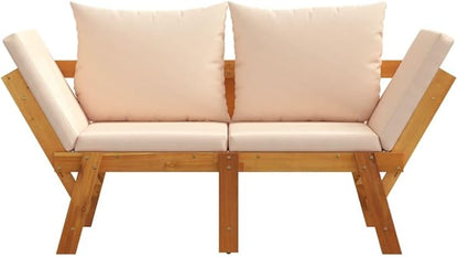 Solid Acacia Wood Garden Bench with Beige Cushions, Brown Rectangular 80.7 Inch Long 2-Seater Outdoor Furniture for Patio Balcony Backyard, Convertible Design Adjustable Armrests