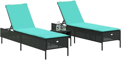 3 Piece Patio Sun Lounger Set with Side Table, Adjustable Outdoor Rattan Recliner Chairs with Washable Cushions for Poolside Garden Backyard, Black