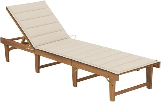 Folding Acacia Wood Chaise Lounge, Adjustable Reclining with Beige Cushion, Weather Resistant Outdoor Chair for Patio, Pool, Garden