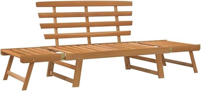 Brown Solid Acacia Wood Large Garden Bench 2-in-1 Convertible Outdoor Daybed with Adjustable Armrests for Patio Balcony Comfortable Seating Relaxation