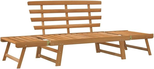 Brown Solid Acacia Wood Large Garden Bench 2-in-1 Convertible Outdoor Daybed with Adjustable Armrests for Patio Balcony Comfortable Seating Relaxation
