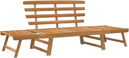 2-in-1 Convertible Garden Bench, Solid Acacia Wood Outdoor Daybed, Adjustable Armrests Seating for Patio, Porch, Deck, Balcony, Brown, 74.8 Inch