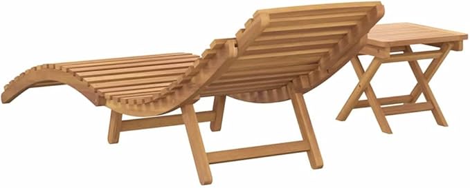 Folding Sun Lounger 2 Pcs Set with Side Table, Solid Teak Wood Outdoor Chaise Lounge Chair - Photo 8