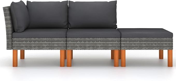 3 Piece Grey Outdoor Sectional Sofa Set 23.6 x 23.6 x 12.6 in Steel Frame Eucalyptus Wood Patio Couch with Removable Cushions for Garden Balcony Terrace