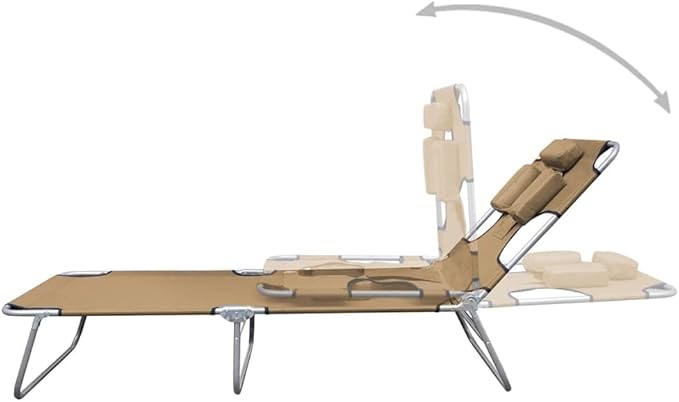 Foldable Taupe Powder-Coated Steel Sunlounger 74.4 inch Adjustable Backrest Outdoor Chaise with Head Cushion - Photo 3