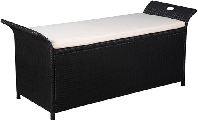 Storage Bench with Cushion 54.3" Poly Rattan Black，Garden Bench Patio Outdoor Patio Furniture, Bench Porch Work Easy to Assemble，A Good Choice for The Coming Summer