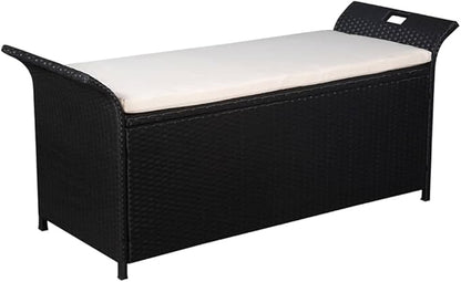 Storage Bench with Cushion 54.3" Poly Rattan Black，Garden Bench Patio Outdoor Patio Furniture, Bench Porch Work Easy to Assemble，A Good Choice for The Coming Summer
