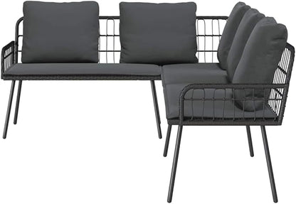 3-Seat L-Shape Outdoor Sofa, Gray PE Rattan Patio Couch with Bench Cushion, 90.9 x 68.1 inch Metal Frame, Modern Low-Profile Design for Garden, Deck, Balcony