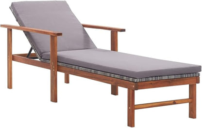78.7" Grey Outdoor Chaise Lounge Sun Lounger with Adjustable Backrest, Acacia Wood Frame & Removable Cushion, Weather-Resistant Patio Tanning Chair for Garden Poolside Deck