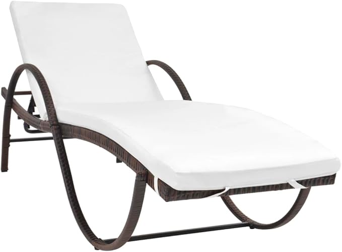 Brown Rattan Outdoor Lounger 76x25x22 in with Cream Cushion, Adjustable Armrest for Patio Poolside Garden Sunbathing