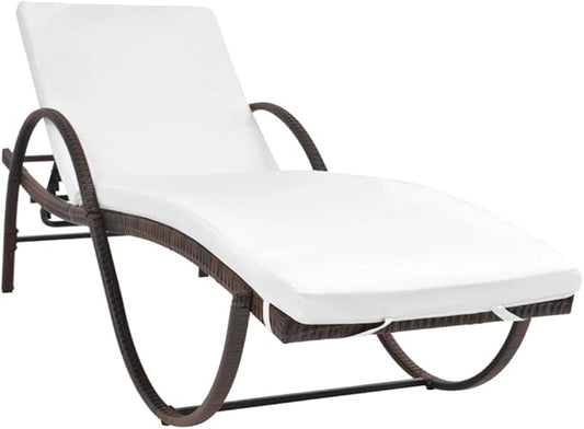 Brown Rattan Outdoor Lounger 76x25x22 in with Cream Cushion, Adjustable Armrest for Patio Poolside Garden Sunbathing