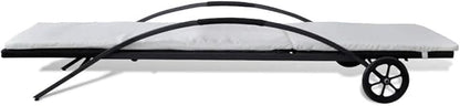 Sun Lounger with Cushion & Wheels Poly Rattan Black,Outdoor Chaise Lounge Chair for Beach, Sunbathing, Patio, Pool, Lawn, Deck, Lay Flat Portable Lightweight