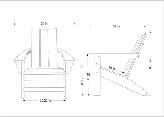 Pemberly Row Modern Resin Adirondack Chair, Weatherproof HDPE Plastic, White Finish, 35.5" H x 29" W x 32" D, Folding Design, UV-Protected Scratch-Resistant Surface, Indoor/Outdoor Patio Porch Garden