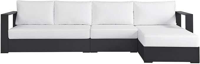 Modway Tahoe Modular Aluminum 3-Piece Outdoor Patio Furniture Gray White, Right-Facing Sectional Sofa Set with Weather-Resistant Cushions, Ideal for Deck, Backyard, Poolside