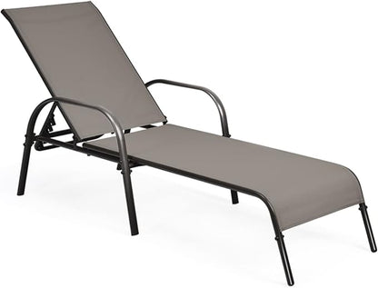 COSTWAY Outdoor Patio Lounge Chair Chaise Fabric Adjustable Reclining Armrest Pool Brown
