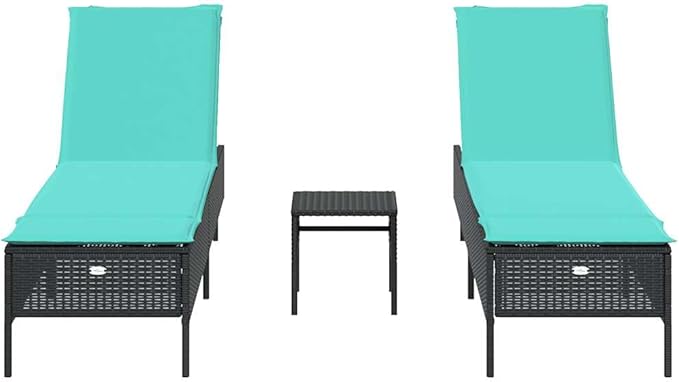3 Piece Patio Sun Lounger Set with Side Table, Adjustable Outdoor Rattan Recliner Chairs with Washable Cushions for Poolside Garden Backyard, Black