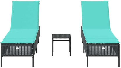 3 Piece Patio Sun Lounger Set with Side Table, Adjustable Outdoor Rattan Recliner Chairs with Washable Cushions for Poolside Garden Backyard, Black