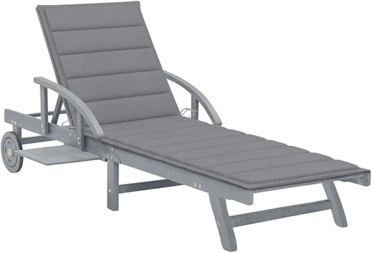 YAFF Adjustable Grey Solid Acacia Wood Sunlounger – Large Outdoor Chaise Lounge with Armrests & Wheels for Patio and Garden Relaxation