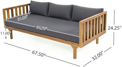 Merax Outdoor Acacia Wood Conversation Set - Patio 3-Seat Loveseat Sofa w/Coushion and Round Coffee Table for Backyard, Lawn, Balcony, Teak+Dark Gray