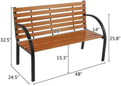48" Outdoor Garden Bench, Patio Furniture Outdoor Chair with Hardwood Slats and Steel Frame, Weather Proof 2-Person Outdoor Loveseat with Black Handrail for Park, Porch, Pool, Backyard
