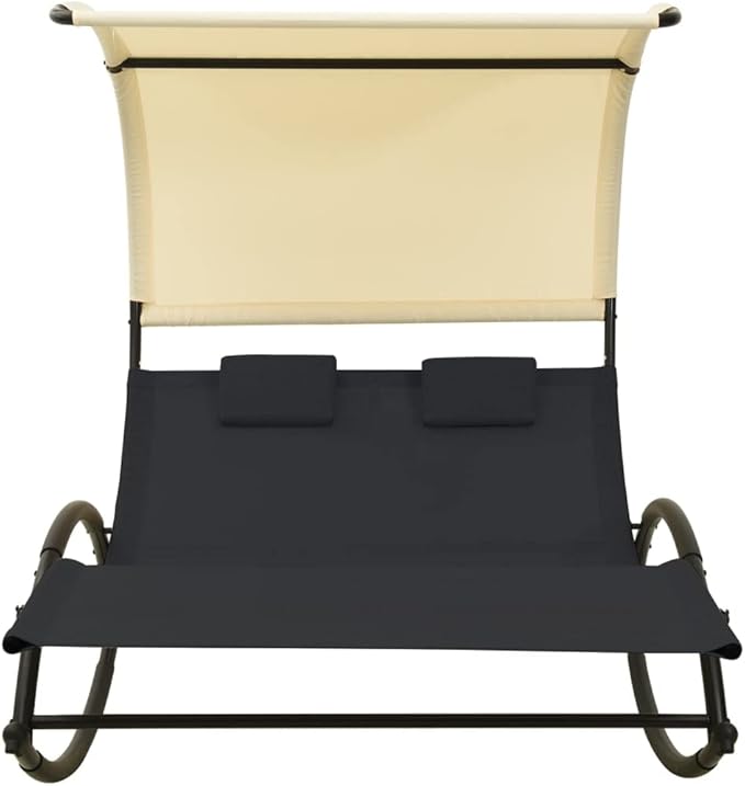 Large Double Sun Lounger Outdoor Chaise Lounge 71"x55"x67" Textilene Rocking Patio Pool Tanning Chair with Canopy & Two Pillows for Garden, Terrace and Poolside