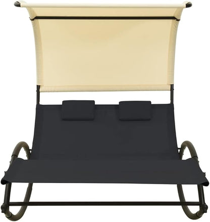 Large Double Sun Lounger Outdoor Chaise Lounge 71"x55"x67" Textilene Rocking Patio Pool Tanning Chair with Canopy & Two Pillows for Garden, Terrace and Poolside
