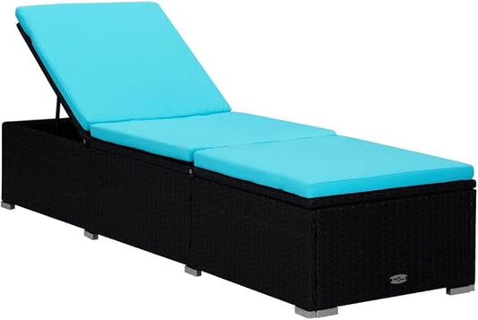 Sun Lounger with Cushion and Tea Table,Lounge Chair,Pool Chairs,Outdoor Chaise,Pool Furniture,Weather-Resistant,Easy to Maintain,Both Sides of Sunlounger Adjustable, Poly Rattan Blue
