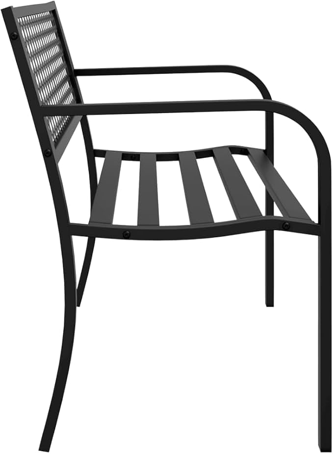 Black Steel Garden Bench 47 Inches Wide Durable Outdoor Seating for Patio Backyard Modern Design Comfortable Two Person Bench