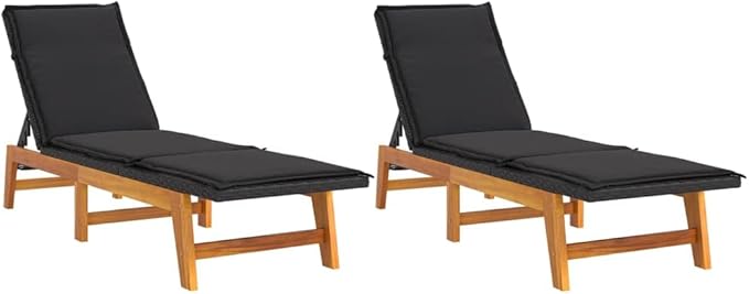 Sun Loungers with Cushions 2 pcs Poly Rattan and Solid Wood Acacia, Patio Loungers, Relaxation Chairs, Pool Loungers - Photo 2