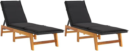 Sun Loungers with Cushions 2 pcs Poly Rattan and Solid Wood Acacia, Patio Loungers, Relaxation Chairs, Pool Loungers, Seats for Poolside, Patio, and Garden Lounging