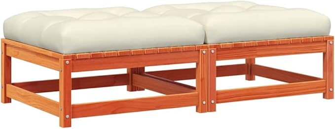 Outdoor Patio Garden Footstool Set 2-Pack, 27.6"x27.6" Solid Pine Wood Stools with Removable Cream Cushion - Photo 2