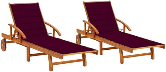Solid Acacia Wood Outdoor Chaise Lounge Set 2 Pack, 78.3" Folding Patio Tanning Chairs with Wheels, 5-Position Reclining, Wine Red Cushion, Garden & Balcony