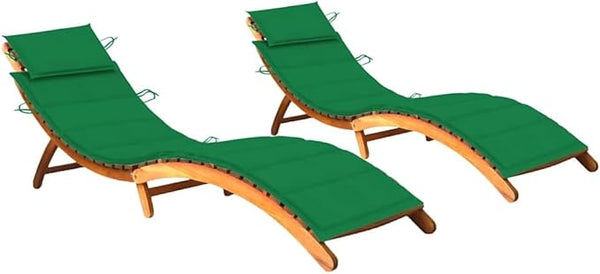 Patio Sun Lounger Set of 2, Outdoor Chaise Lounge Chairs with Cushions, Solid Acacia Wood Frame, Green Polyester Fabric - Photo 1