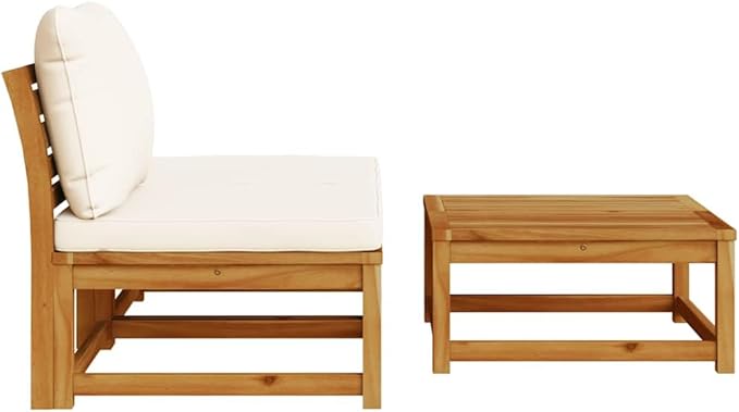 3 Piece Cream White Outdoor Sectional Sofa Set Small Patio Couch & Ottoman Modern Acacia Wood Conversation Furniture for Deck Sunroom and Balcony 28.7 x 24.8 x 25.6 in