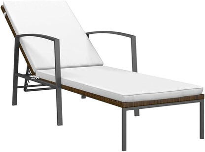 Brown Poly Rattan Sun Lounger Outdoor Adjustable Backrest 23.6"x76.8"x37.4" All-Weather Chaise with Cushions for Garden Patio Poolside