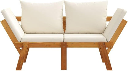 Garden Bench Cream White Solid Acacia Wood 2-in-1 Adjustable Convertible Design with Adjustable Armrests and Comfortable Cushions for Outdoor Patio Seating