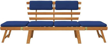 75 inch Solid Acacia Wood Garden Bench, Convertible 2-in-1 Patio Lounger with Comfortable Cushions, Outdoor Seating for Garden, Balcony, Terrace, Blue