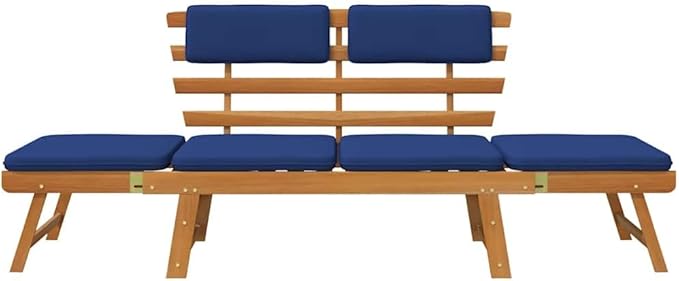 Convertible Garden Bench with Cushions, Outdoor Daybed, Acacia Wood Patio Furniture, Grey Wash Finish Brown and Blue - Photo 4