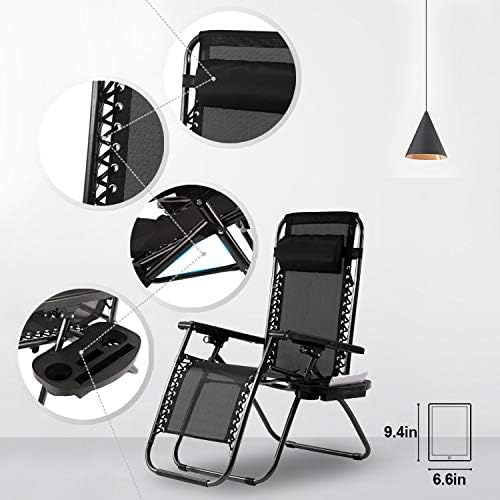 FDW Zero Gravity Chairs Set of 2 Black Lounge Patio Chairs Outdoor Yard Beach with Cup Holders, Black - Photo 7