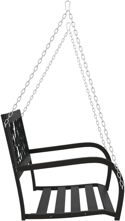 Outdoor Garden Swing Bench for 2 Person, Rose Pattern Metal Porch Swing Chair with Heavy Duty Steel Frame, Matte Black Patio Seating, 49 Inch