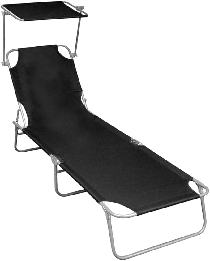 Black Folding Sunlounger w/Adjustable Canopy, 74.2"x22.6" Aluminum Chaise 265lb for Beach Pool Patio Garden - Photo 1