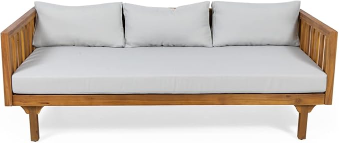 Christopher Knight Home Tina Outdoor 3 Seater Acacia Wood Daybed, Teak Finish, Light Grey - Photo 1