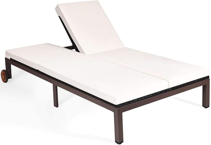 HAPPYGRILL 2-Person Patio Lounge with Wheels, Rattan Wicker Chaise Lounge Chair with Adjustable Backrest, Outdoor Sofa Daybed with Cushion for Garden Lawn Backyard