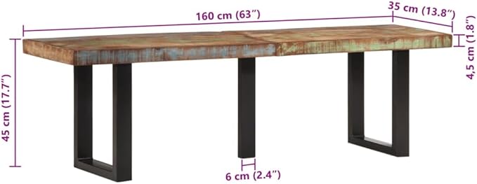 Industrial Style Solid Wood Bench with Reclaimed Wood and Steel Frame, Black Metal and Brown Finish, 63.0 Inch Long for Hallway or Living Room, Supports 661 lbs, Modern Matte