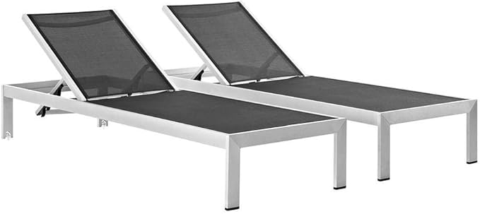 Modway Shore Outdoor Patio Chaise Aluminum Chair (Set of 2), Silver/Black, 2 Mesh Chaise
