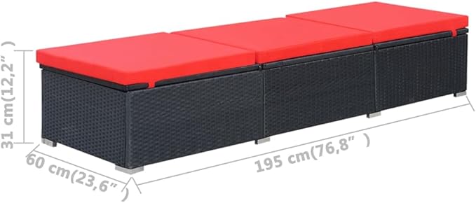 Outdoor Chaise Lounge Chair Black Red 76.8 x 23.6 x 12.2 in PE Rattan Patio Sun Lounger w Adjustable Armrests Removable - Photo 1