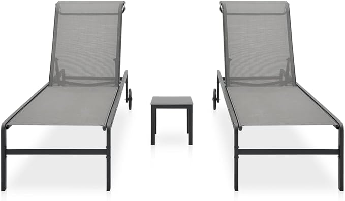 Adjustable Grey Textilene Steel Outdoor Chaise Lounge Set 28.7 x 82.1 x 15 in for Patio Poolside Garden Balcony