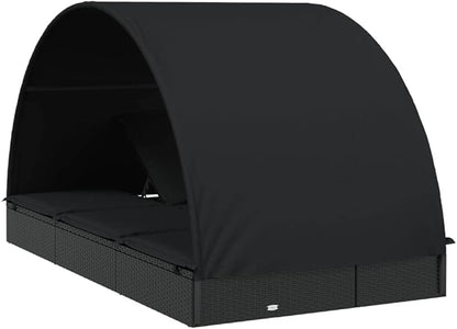 2-Person Outdoor Chaise Lounge Black Rattan Sunbed 83x44x55 in Weather-Resistant Fabric Cushions Adjustable Armrest for Patio Garden Poolside Deck