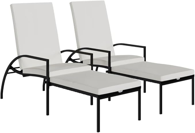 Sun Lounger Black, Cream White Pool Chair Recliner Chair Chaise Lounge for Poolside Backyard